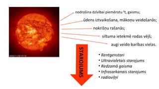   nodrošina dzīvībai piemērotu  0 t, gaismu; ūdens iztvaikošana, mākoņu veidošanās;   nokrišņu rašanās;   siltuma ietekmē rodas vējš;   augi veido barības vielas. Rentgenstari Ultravioletais starojums Redzamā gaisma Infrasarkanais starojums radioviļņi STAROJUMS 