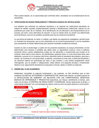 UNIVERSIDAD DE LOS LLANOS
FACULTAD DE CIENCIAS HUMANAS Y DE EDUCACIÓN
ESCUELA DE PEDAGOGIA Y BELLAS ARTES
LICENCIATURA EN PRODUCCIÓN AGROPECUARIA
“
Para nuestro estudio, es un oportunidad para confrontar estos, resultados con la caracterización de los
estudiantes.
2. TIPIFICACION DE NUDOS PROBLEMICOS Y PREGUNTA BASICA DE ARTICULACION.
Los desafíos que enfrentan los sistemas educativos y en especial las instituciones educativas en
materia de calidad, equidad, profesionalización docente y fortalecimiento institucional, radican en Los
problemas que nacen de un malestar, de la identificación de una dificultad o del entorpecimiento de un
proceso; por tanto, como alternativa de solución, lo que se intenta hacer es revertir una determinada
serie de factores, que son los posibles causantes para que se evidencie el problema.
Lo que ahora se pretende, es hacer un análisis, que desde una experiencia investigativa, permita hacer
un inventario de situaciones, que no son coherentes con el normal funcionamiento o con los resultados
que previamente se habían determinado para alcanzar resultados académicos exitosos.
Cuando es claro a donde llegar o cuales son los productos esperados, es porque previamente, se han
determinado unos factores o variables que deben tener un seguimiento continuo, como lo estamos
previendo ahora, cuando establecemos cuales son los elementos o componentes que inciden en el
contexto, tanto interno como externo. Así identificados, podemos hacer un cruce entre todos ellos, para
adelantar y avanzar en un consenso más firme y extendido sobre la naturaleza del problema, para que a
cambio, se convierta en una oportunidad; si además, conocemos en este caso, el perfil del estudiante y
los derechos básicos de aprendizaje por área; lo que conlleva, a que existan posiblemente varios
interrogantes, que se pueden ir categorizando, hasta obtener una pregunta principal o fundamental,
desde la cual, seguramente articulemos la propuesta curricular, desde un diseño en particular.
3. DISEÑO DEL PLAN ACADEMICO.
Habiéndose concretado la pregunta fundamental y las auxiliares, es fácil identificar para el plan
académico las METAS, ACTIVIDADES Y SUBPRODUCTOS. Desde esta relación, se podrá avanzar en
la ARTICULACION DE SABERES8
, EN RELACION CON LAS COMPETENCIAS, DERECHOS
BASICOS DE APRENDIZAJE Y PRODUCTOS específicos, por bloque; identificando al tiempo, para
cada uno de ellos, el CONTROL DE RESULTADOS Y EVIDENCIAS, dando observancia al tiempo, a
unas buenas prácticas9
, con una estrategia de mejora continua como se puede observar a continuación.
Tomado de “espiral de mejora continua” de Edwards Deming.
8
https://es.slideshare.net/Saul_Romero/la-unidad-una-estrategia-de-planeacin-para-la-articulacion-de-saberes
9 MEN. GUIA 28. APRENDIZAJES PARA MEJORAR. Guía para la gestión de buenas prácticas. 2007.
 