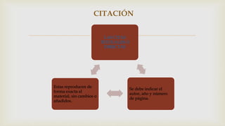 LAS CITAS
TEXTUALES O
DIRECTAS
Se debe indicar el
autor, año y número
de página.
Estas reproducen de
forma exacta el
material, sin cambios o
añadidos.
CITACIÓN
 