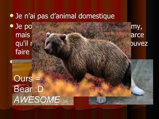 Je n’ai pas d’animal domestique Je possédais un hamster appelé hammy, mais je voudrais vraiment un chien parce qu'il n'y a plus d'activités que vous pouvez faire avec un chien Mon animal préféré est un ours Ours = Bear :D  AWESOME 