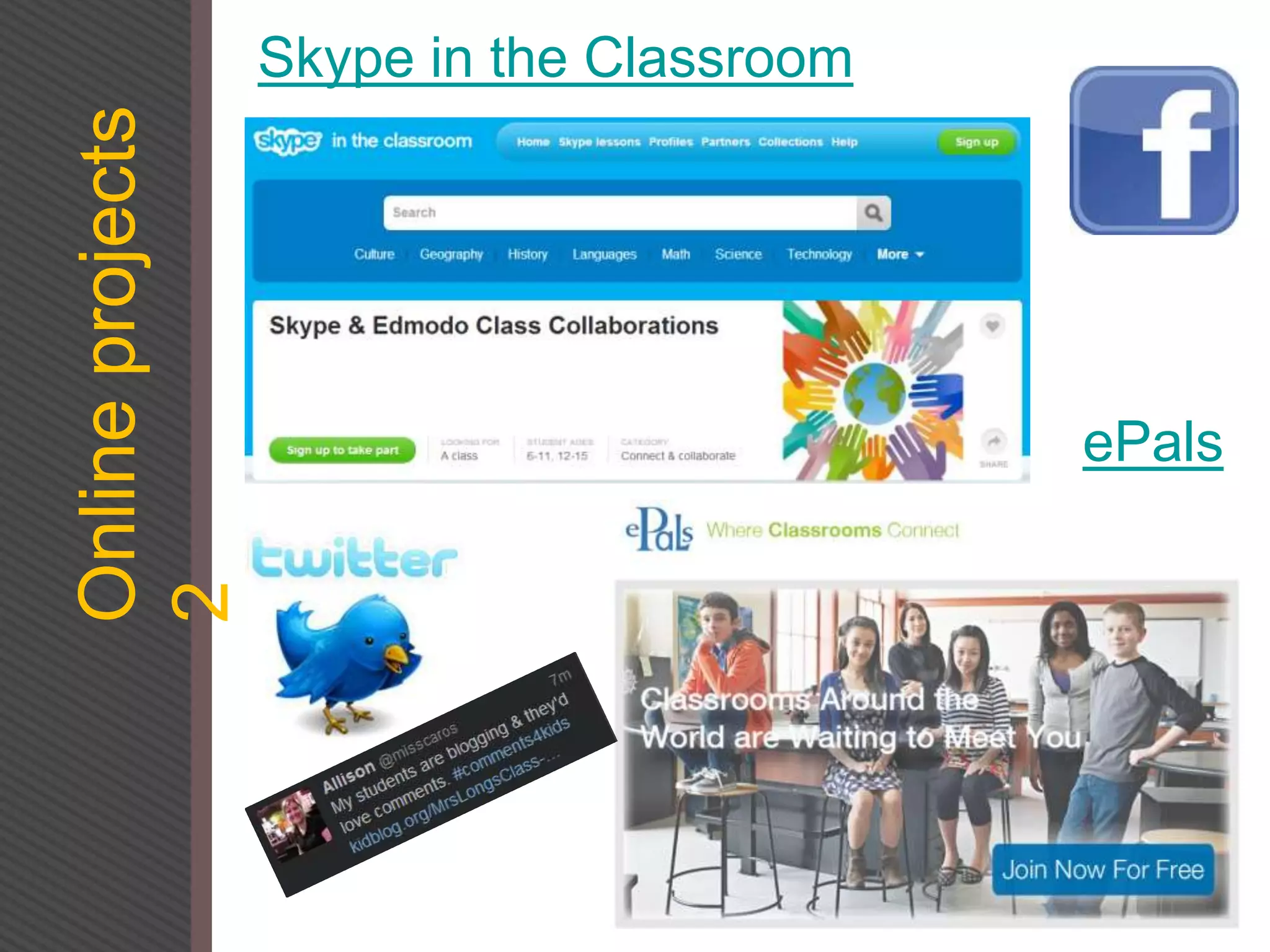 Online
projects
2
Skype in the Classroom
ePals