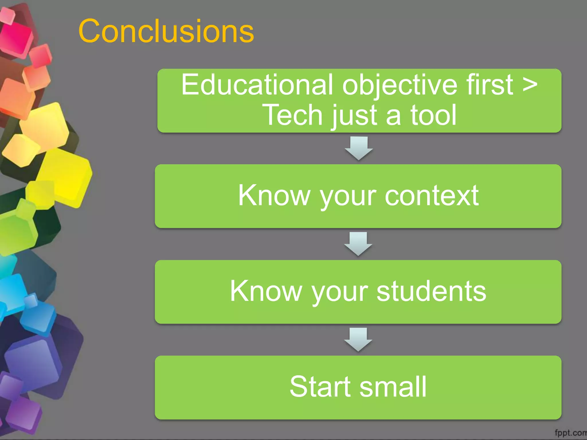 Conclusions
Educational objective first >
Tech just a tool
Know your context
Know your students
Start small