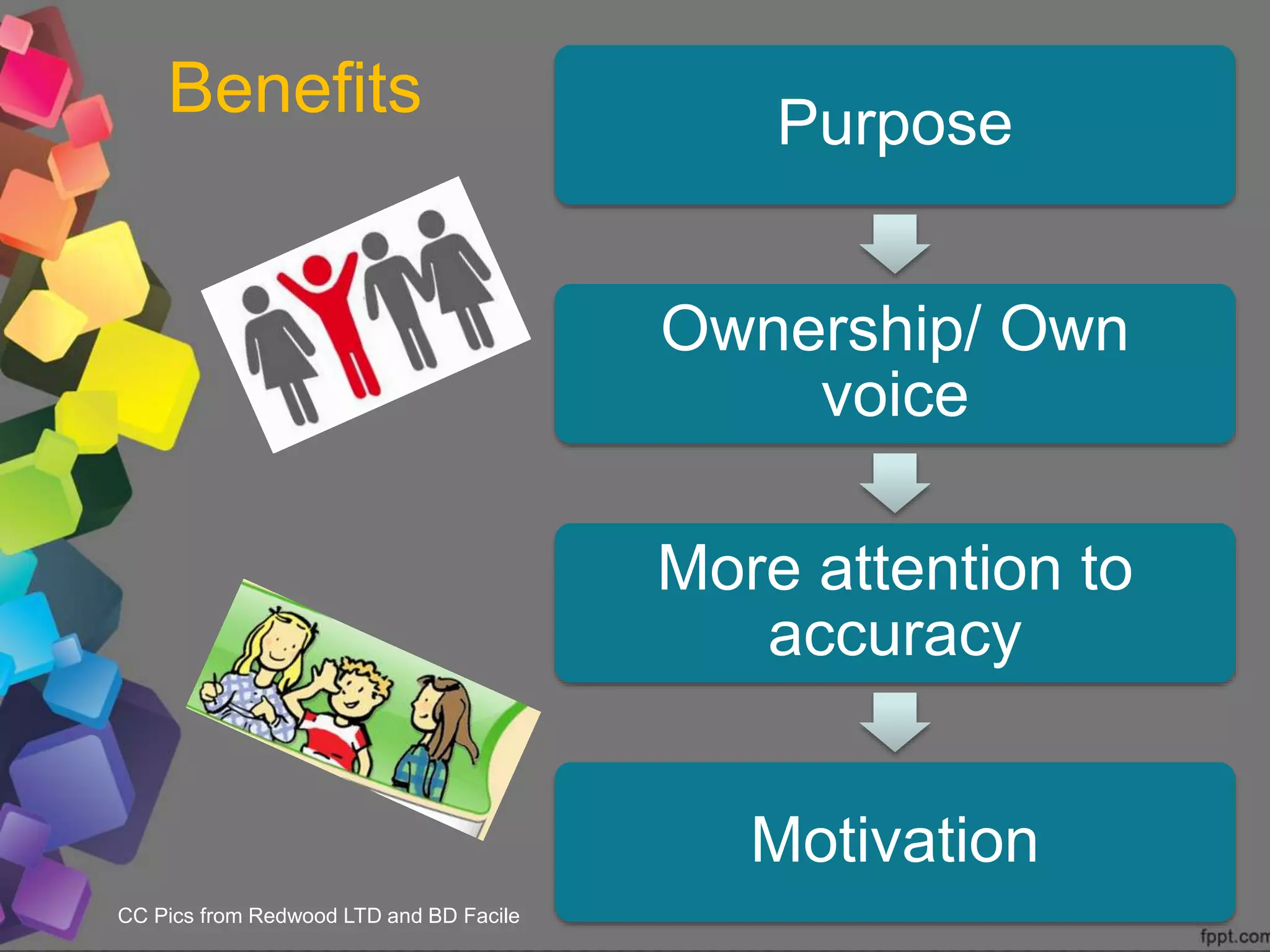 Benefits Purpose
Ownership/ Own
voice
More attention to
accuracy
Motivation
CC Pics from Redwood LTD and BD Facile