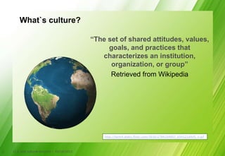What`s culture?

                                               “The set of shared attitudes, values,
                                                    goals, and practices that
                                                  characterizes an institution,
                                                     organization, or group”
                                                     Retrieved from Wikipedia




                                                   http://farm4.static.flickr.com/3030/2784104897_054121d4d5_o.gif




3   CLIL and cultural diversity l 05/10/2012
 
