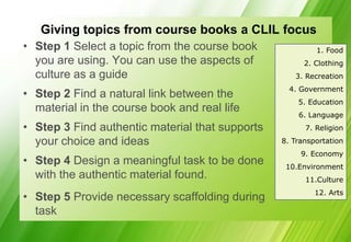 Giving topics from course books a CLIL focus
• Step 1 Select a topic from the course book              1. Food
  you are using. You can use the aspects of            2. Clothing
  culture as a guide                                3. Recreation
                                                   4. Government
• Step 2 Find a natural link between the
                                                     5. Education
  material in the course book and real life
                                                     6. Language
• Step 3 Find authentic material that supports         7. Religion

  your choice and ideas                          8. Transportation
                                                      9. Economy
• Step 4 Design a meaningful task to be done      10.Environment
  with the authentic material found.                   11.Culture
                                                          12. Arts
• Step 5 Provide necessary scaffolding during
  task
 