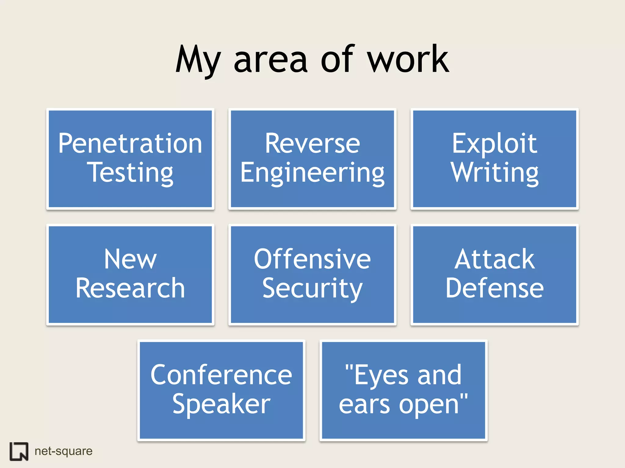 My area of work

   Penetration       Reverse      Exploit
     Testing       Engineering    Writing


        New         Offensive      Attack
      Research      Security      Defense


             Conference   "Eyes and
              Speaker     ears open"
net-square
 