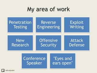 My area of work

   Penetration       Reverse      Exploit
     Testing       Engineering    Writing


        New         Offensive      Attack
      Research      Security      Defense


             Conference   "Eyes and
              Speaker     ears open"
net-square
 