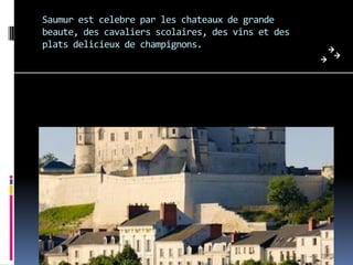 Saumur est celebre par les chateaux de grande
beaute, des cavaliers scolaires, des vins et des
plats delicieux de champignons.
 