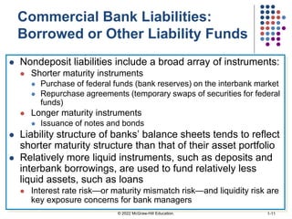 Commercial Bank Liabilities:
Borrowed or Other Liability Funds
 Nondeposit liabilities include a broad array of instruments:
 Shorter maturity instruments
 Purchase of federal funds (bank reserves) on the interbank market
 Repurchase agreements (temporary swaps of securities for federal
funds)
 Longer maturity instruments
 Issuance of notes and bonds
 Liability structure of banks’ balance sheets tends to reflect
shorter maturity structure than that of their asset portfolio
 Relatively more liquid instruments, such as deposits and
interbank borrowings, are used to fund relatively less
liquid assets, such as loans
 Interest rate risk—or maturity mismatch risk—and liquidity risk are
key exposure concerns for bank managers
1-11
© 2022 McGraw-Hill Education.
 