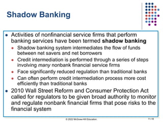 Shadow Banking
 Activities of nonfinancial service firms that perform
banking services have been termed shadow banking
 Shadow banking system intermediates the flow of funds
between net savers and net borrowers
 Credit intermediation is performed through a series of steps
involving many nonbank financial service firms
 Face significantly reduced regulation than traditional banks
 Can often perform credit intermediation process more cost
efficiently than traditional banks
 2010 Wall Street Reform and Consumer Protection Act
called for regulators to be given broad authority to monitor
and regulate nonbank financial firms that pose risks to the
financial system
© 2022 McGraw-Hill Education. 11-18
 