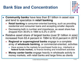 Bank Size and Concentration
 Community banks have less than $1 billion in asset size
and tend to specialize in retail banking
 Retail banking is consumer-oriented banking, such as providing
residential and consumer loans and accepting smaller deposits
 Decreasing both in number and importance, as asset share has
dropped from 36.6% in 1984 to 6.2% in 2019
 Relative asset share of largest banks (over $1 billion in size)
increased from 63.4 percent in 1984 to 93.8 percent in 2019
 Regional or superregional banks engage in a complete
array of wholesale banking, or commercial-oriented, activities
 Have access to the markets for purchased funds (e.g., interbank or
federal funds market), to finance lending and investment activities
 Money center banks engage heavily in wholesale activity in
money markets, with retail banks and large firms as clients
© 2022 McGraw-Hill Education. 11-19
 