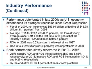 Industry Performance
(Continued)
 Performance deteriorated in late 2000s as U.S. economy
experienced its strongest recession since Great Depression
 For all of 2007, net income was $99.94 billion, a decline of $45.28
billion (31.1 percent) from 2006
 Average ROA for 2007 was 0.81 percent, the lowest yearly
average since 1991 and the first time in 15 years that the
industry’s annual ROA had been below 1 percent
 ROA for 2008 was 0.03 percent, the lowest since 1987
 One in four institutions (25.0 percent) was unprofitable in 2008
 Bank performance slowly recovered in 2010 – 2016
 2010 industry ROA and ROE increased to 0.65% and 5.85%,
respectively; by 2016, industry ROA and ROE increased to 1.04%
and 9.27%, respectively
 By the end of 2019, 96.4 percent of banks were profitable
© 2022 McGraw-Hill Education. 11-25
 