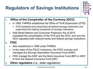 Regulators of Savings Institutions
1. Office of the Comptroller of the Currency (OCC)
 In 1989, FIRREA established the Office of Thrift Supervision (OTS)
 OTS chartered (and examined) all federal savings institutions and
supervised the holding companies of savings institutions
 Wall Street Reform and Consumer Protection Act of 2010
mandated the consolidation of the OTS and the OCC, and now the
OCC regulates both national banks and federal savings institutions
2. FDIC
 Also established in 1989 under FIRREA
 In the wake of the FSLIC insolvency, the FDIC oversaw and
managed the Savings Association Insurance Fund (SAIF)
 FDIC merged the SAIF and the Bank Insurance Fund (BIF) in 2007
to form the Deposit Insurance Fund (DIF)
3. Other regulators (i.e., state regulators)
© 2022 McGraw-Hill Education. 14-9
 