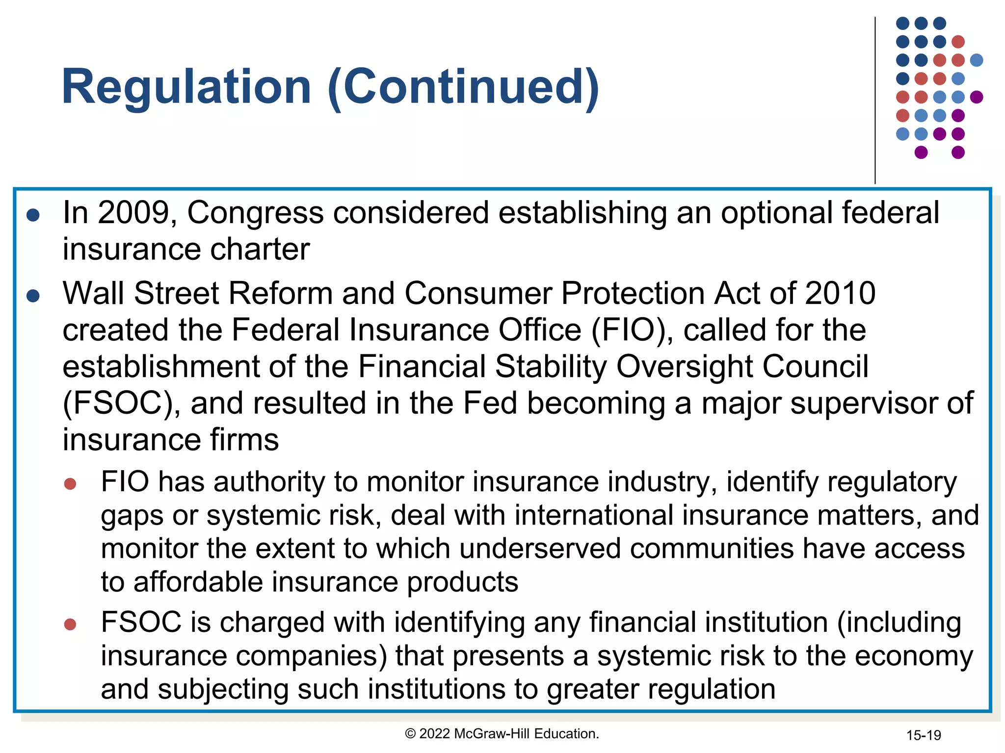 Regulation (Continued)
 In 2009, Congress considered establishing an optional federal
insurance charter
 Wall Street Reform and Consumer Protection Act of 2010
created the Federal Insurance Office (FIO), called for the
establishment of the Financial Stability Oversight Council
(FSOC), and resulted in the Fed becoming a major supervisor of
insurance firms
 FIO has authority to monitor insurance industry, identify regulatory
gaps or systemic risk, deal with international insurance matters, and
monitor the extent to which underserved communities have access
to affordable insurance products
 FSOC is charged with identifying any financial institution (including
insurance companies) that presents a systemic risk to the economy
and subjecting such institutions to greater regulation
© 2022 McGraw-Hill Education. 15-19
 