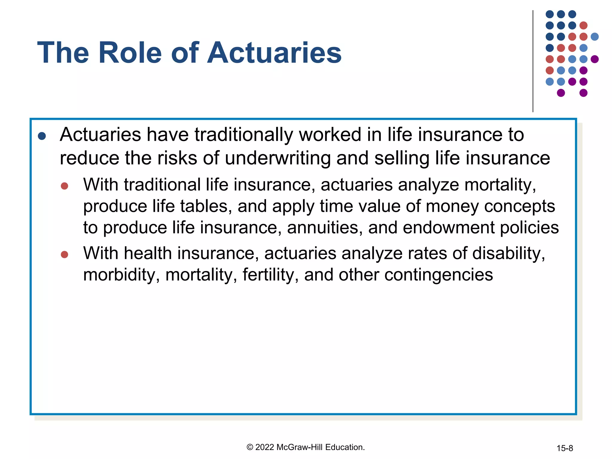 The Role of Actuaries
 Actuaries have traditionally worked in life insurance to
reduce the risks of underwriting and selling life insurance
 With traditional life insurance, actuaries analyze mortality,
produce life tables, and apply time value of money concepts
to produce life insurance, annuities, and endowment policies
 With health insurance, actuaries analyze rates of disability,
morbidity, mortality, fertility, and other contingencies
© 2022 McGraw-Hill Education. 15-8
 