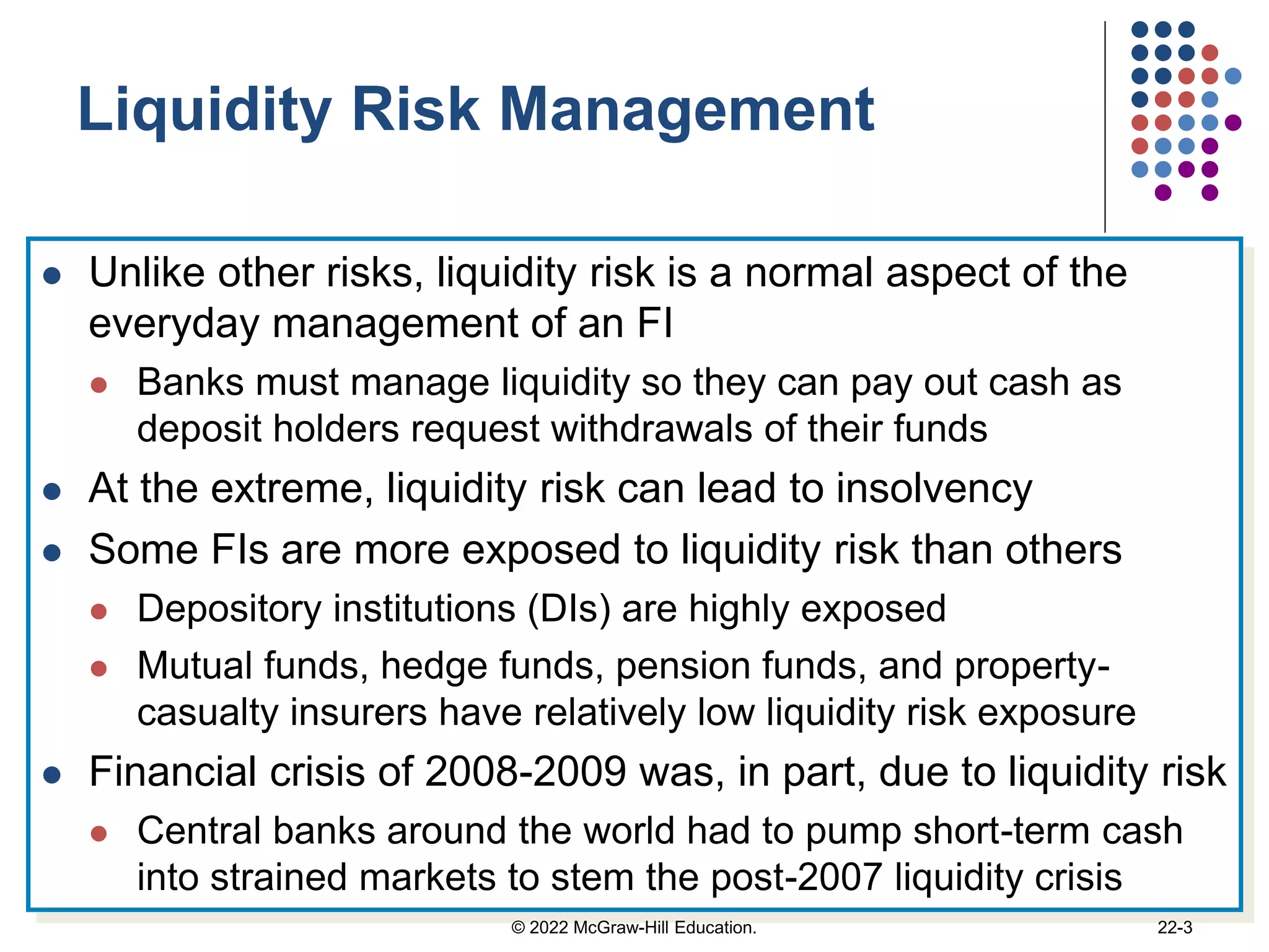 Liquidity Risk Management
 Unlike other risks, liquidity risk is a normal aspect of the
everyday management of an FI
 Banks must manage liquidity so they can pay out cash as
deposit holders request withdrawals of their funds
 At the extreme, liquidity risk can lead to insolvency
 Some FIs are more exposed to liquidity risk than others
 Depository institutions (DIs) are highly exposed
 Mutual funds, hedge funds, pension funds, and property-
casualty insurers have relatively low liquidity risk exposure
 Financial crisis of 2008-2009 was, in part, due to liquidity risk
 Central banks around the world had to pump short-term cash
into strained markets to stem the post-2007 liquidity crisis
© 2022 McGraw-Hill Education. 22-3
 