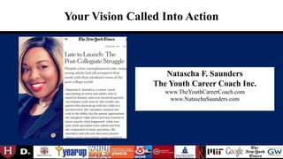 Natascha F. Saunders
The Youth Career Coach Inc.
www.TheYouthCareerCoach.com
www.NataschaSaunders.com
Your Vision Called Into Action
 