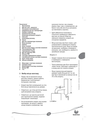 Позначення                                       кухонною плитою, яка утворює
1   Вентилятор                                   водяну пару і жир, в приміщеннях, де
2   Датчик тяги - маностат                       багато пилу або містяться речовини,
3   Основний теплообмінник
                                                 що викликають корозію).
4   Аварійний датчик температури
5   Камера згорання
                                               • Щоб забезпечити можливість
6   Компенсатор об’єму
7   Електрод контролю полум’я                    гігієнічного прибирання забезпечте
8   Пальник                                      відстань не менше 20мм від
9   Електроди розпалу                            зовнішніх поверхонь апарату до
10 Насос                                         оточуючих предметів.
11 Датчик температури опалення
12 Блок розпалу                                • Місце монтажу має бути таким, щоб
13 Байпас                                        унеможливити замерзання апарату
14 Блок газовий                                  протягом всього року. Якщо ця умова
15 Датчик тиску води в системі опалення          не виконана, необхідно попередити
16 Теплообмінник ГВП
                                                 власника, про необхідність прийняття
17 Триходовий клапан
18 Датчик протоку ГВП                            запобіжних заходів.
19 Фільтр ГВП
20 Система підживлення водою                   Модель С:
21 Запобіжний клапан системи опалення
22 Кран зливу води                             - Апарат повинен бути встановлений
23 Фільтр опалення                               в приміщенні з природною




                                                                                        Інструкція з монтажу і експлуатації для спеціалістів
                                                 вентиляцією.
A   Вхід води з системи опалення
B   Холодна вода                               - Траса димоходу має бути прокладена
C   Вихід води в систему опалення                таким чином, щоб вода з димоходу ні
D   Вихід ГВП                                    в якому разі не стікала в апарат.
E   Газ
                                               - Якщо горизонтальний відрізок
3 Вибір місця монтажу                            димової труби більший за 1 м, він
                                                 має бути нахилений не менше ніж на
• Перед тим як визначити місце                   3% в бік апарату.
  монтажу апарату, уважно вивчіть
  Керівництво з експлуатації і
  Інструкцію з монтажу.

• Апарат має бути розміщений на стіні,
                                                                             L
  біля місця підключення до димаря.                     3% min.


• Упевніться, що стіна достатньо міцна,
  щоб витримати вагу апарата.

• Упевніться, що простір достатній
  для підключення газових, водяних
  комунікацій і каналізації.

• Не встановлюйте апарат над іншими            L ≥ 0,60 m
  приладами, які можуть завдати
  шкоду апарату (наприклад, над




                                          15
 