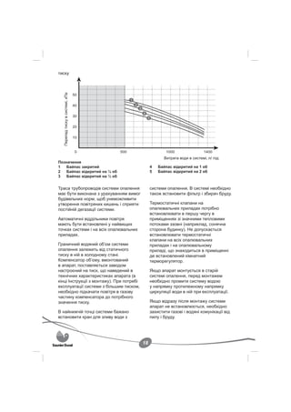 тиску
   Перепад тиску в системі, кПа




                                                       Витрата води в системі, л/ год
Позначення
1   Байпас закритий                             4   Байпас відкритий на 1 об
2   Байпас відкритий на ¼ об                    5   Байпас відкритий на 2 об
3   Байпас відкритий на ½ об


Траса трубопроводів системи опалення            системи опалення. В системі необхідно
має бути виконана з урахуванням вимог           також встановити фільтр і збирач бруду.
будівельних норм, щоб унеможливити
утворення повітряних кишень і сприяти           Термостатичні клапани на
постійній дегазації системи.                    опалювальних приладах потрібно
                                                встановлювати в першу чергу в
Автоматичні віддільники повітря                 приміщеннях зі значними тепловими
мають бути встановлені у найвищих               потоками ззовні (наприклад, сонячна
точках системи і на всіх опалювальних           сторона будинку). Не допускається
приладах.                                       встановлювати термостатичні
                                                клапани на всіх опалювальних
Граничний водяний об’єм системи                 приладах і на опалювальному
опалення залежить від статичного                приладі, що знаходиться в приміщенні
тиску в ній в холодному стані.                  де встановлений кімнатний
Компенсатор об’єму, вмонтований                 терморегулятор.
в апарат, поставляється заводом
настроєний на тиск, що наведений в              Якщо апарат монтується в старій
технічних характеристиках апарата (в            системі опалення, перед монтажем
кінці Інструкції з монтажу). При потребі        необхідно промити систему водою
експлуатації системи з більшим тиском,          у напрямку протилежному напрямку
необхідно підкачати повітря в газову            циркуляції води в ній при експлуатації.
частину компенсатора до потрібного
значення тиску.                                 Якщо відразу після монтажу системи
                                                апарат не встановлюється, необхідно
В найнижчій точці системи бажано                захистити газові і водяні комунікації від
встановити кран для зливу води з                пилу і бруду.




                                           18
 