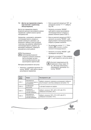 7.2   Доступ до параметрів апарату              • Коли на дисплеї загориться "00", за
      (при монтажі і сервісному                   допомогою кнопок "+" і "-" наберіть
      обслуговуванні)                             код "96".

Доступ до параметрів апарату                    • Натисніть на кнопку "MODE",
дозволяє виконати регулювання деяких              щоб увійти в меню регулювання
параметрів і зробити аналіз причин                теплопродуктивності апарату в
несправностей.                                    режимі опалення (меню COD.1).

Наприклад, є можливість змінювати               • Коли на дисплеї загориться COD.1,
теплопродуктивність апарату в                     натисніть на кнопку "MODE", щоб
режимі опалення в діапазоні, що                   відрегулювати теплопродуктивність
вказаний в таблиці в кінці Інструкції             апарату в режимі опалення.
з монтажу. Це дозволяє забезпечити
теплопродуктивність апарату, що                 • За допомогою кнопок "+" і "-" біля
відповідає необхідній і підвищити                 символу    встановіть потрібне
економічність його роботи.                        значення теплопродуктивності.

                                                • Натисніть на кнопку "MODE", щоб
      Регулювання                                 підтвердити настройку
      теплопродуктивності
      апарату в режимі опалення                 • Натисніть на кнопку "+" біля символу




                                                                                           Інструкція з монтажу і експлуатації для спеціалістів
      ніяк не впливає на його                        "+" щоб перейти в наступне меню.
      теплопродуктивність при
      приготуванні гарячої води.                      дисплей повертається до
Методика регулювання наступна:                        первісного стану через 10
                                                      хв., або якщо натиснути і
• Натисніть і утримуйте протягом 10 с                 утримувати протягом 10 с
  кнопку "MODE", щоб увійти в меню                    кнопку "MODE".
  регулювання параметрів.



 Пункт
            Назва                 Послідовність дій
 меню
            максимальна
                                  виберіть значення з діапазону, що вказаний в таблиці в
 COD. 1     теплопродуктивність
                                  кінці Інструкції з монтажу (заводська настройка: 15)
            на опалення
            конфігурація
 COD. 2                           в цій версії апарата не задіяно
            вентиляції
            мінімальна
                                  виберіть значення: 38°C, 50°C, 55°C або 70°C
 COD. 3     температура в
                                  (заводська настройка: 38°C)
            системі опалення
            максимальна
                                  виберіть значення: 50°C, 73°C, 80°C або 87°C
 COD. 4     температура в
                                  (заводська настройка: 73°C)
            системі опалення




                                           29
 