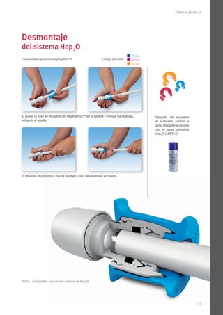 127
Tuberías plásticas
NOTA.- Compatible con versión anterior de Hep2
O
Llave de Recuperación HepKeyPlus™ Código de color:
Después de recuperar
el accesorio, lubrica la
junta tórica del accesorio
con el spray lubricante
Hep2
O (48S254)
1. Ajusta la llave de recuperación HepKeyPlus™ en la tubería y empuja hacia abajo,
evitando el resalte.
2. Presiona el protector y tira de la tubería para desmontar el accesorio.
Desmontaje
del sistema Hep2
O
15 mm
22 mm
28 mm
127
 