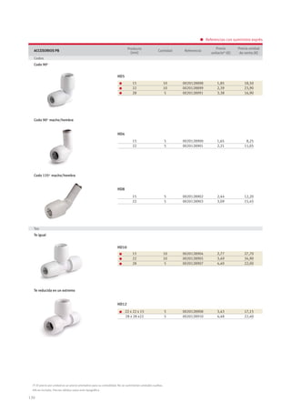130
IVA no incluido. Precios válidos salvo error tipográﬁco
ACCESORIOS PB
Producto
(mm)
Cantidad Referencia
Precio
unitario* (€)
Precio unidad
de venta (€)
Codos
Codo 90o
15
22
28
10
10
5
0020128898
0020128899
0020128991
1,85
2,39
3,38
18,50
23,90
16,90
Codo 90o
macho/hembra
15
22
5
5
0020128900
0020128901
1,65
2,21
8,25
11,05
Codo 135o
macho/hembra
15
22
5
5
0020128902
0020128903
2,44
3,09
12,20
15,45
Tes
Te igual
15
22
28
10
10
5
0020128904
0020128905
0020128907
2,77
3,49
4,40
27,70
34,90
22,00
Te reducida en un extremo
22 x 22 x 15
28 x 28 x22
5
5
0020128908
0020128910
3,43
4,48
17,15
22,40
(*) El precio por unidad es un precio orientativo para su comodidad. No se suministran unidades sueltas.
Referencias con suministro exprés
HD5
HD4
HD8
HD10
HD12
 