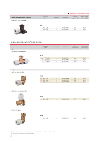 132
IVA no incluido. Precios válidos salvo error tipográﬁco
PIEZAS DE TRANSICIÓN EN METAL
(*) El precio por unidad es un precio orientativo para su comodidad. No se suministran unidades sueltas.
Producto
(mm)
Cantidad Referencia
Precio
unitario* (€)
Precio unidad
de venta (€)
Tes
Te con rosca central hembra
15 x 1/2” x 15
22 x 1/2” x 22
22 x 3/4” x 22
5
5
5
0020128923
0020128924
0020128925
6,18
6,42
6,42
30,90
32,10
32,10
Codos
Codo con rosca hembra
15 x 1/2”
22 x 1/2”
22 x 3/4”
5
5
5
0020128926
0020128927
0020128928
4,27
5,07
5,22
21,35
25,35
26,10
Codo placa con rosca hembra
15 x 1/2” 5 0020128930 4,72 23,60
Codo prolongado
15 x 1/2” 5 0020128931 4,86 24,30
PIEZAS DE TRANSICIÓN EN PLÁSTICO
Producto
(mm)
Cantidad Referencia
Precio
unitario* (€)
Precio unidad
de venta (€)
Codo placa rosca hembra P
15 x 1/2”
22 x 3/4”
5
5
0020128921
0020128922
2,61
4,02
13,05
20,10
Referencias con suministro exprés
HX6
HE16
HE6C
HE6A
HE6E
 