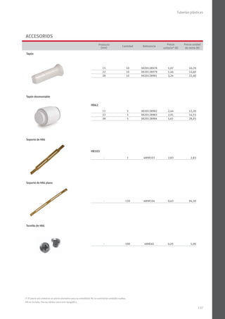 137
Tuberías plásticas
IVA no incluido. Precios válidos salvo error tipográﬁco
(*) El precio por unidad es un precio orientativo para su comodidad. No se suministran unidades sueltas.
Producto
(mm)
Cantidad Referencia
Precio
unitario* (€)
Precio unidad
de venta (€)
Tapón
15
22
28
10
10
10
0020128978
0020128979
0020128981
1,07
1,46
2,24
10,70
14,60
22,40
Tapón desmontable
15
22
28
5
5
5
0020128982
0020128983
0020128984
2,44
2,91
5,61
12,20
14,55
28,05
Soporte de HX6
- 1 48HX103 2,83 2,83
ACCESORIOS
Soporte de HX6 plano
- 150 48HX104 0,63 94,50
Tornillo de HX6
- 100 48HE6S 0,05 5,00
HD62
HX103
 