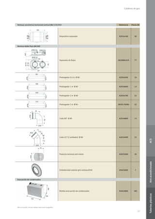 77
Calderas de gas
IVA no incluido. Precios válidos salvo error tipográﬁco
ACSAireacondicionadoTuberíasplásticas
Ventosa concéntrica horizontal-vertical (80/125) VCH Referencia Precio (€)
Dispositivo separador A2034100 30
Ventosa doble ﬂujo (80/80)
Separador de ﬂujos 0020081019 77
Prolongador 0,5 m Ø 80 A2034500 10
Prolongador 1 m Ø 80 A2034600 13
Prolongador 2 m Ø 80 A2034700 22
Prolongador 3 m Ø 80 0020178384 32
Codo 90O
Ø 80 A2034800 13
Codo 45O
(2 unidades) Ø 80 A2034900 25
Protector terminal anti-viento A2035000 20
Embellecedor exterior gris ventosa Ø 80 05624000 7
Evacuación de condensados
Bomba evacuación de condensados A2045800 185
 