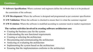  Software Specification: Where customer and engineers define the software that is to be produced
the constraints of the software.
 S/W Development: Where the software is designed and programmed as per customer specification
 S/W Validation: Where the software is checked to ensure that it is what the customer required
 S/W Evolution: Where the software is modified according to customer need or market requirement
Continue….
The various activities involved in creating software architecture are:
 Creating the business case for the system
 Understanding the non functional requirements
 Creating or selecting the architecture
 Documenting and communicating the architecture
 Analyzing or evaluating the architecture
 Implementing the system based on the architecture
 Ensuring that the implementation conforms to the architecture
 