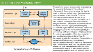 Example2 :Layered Architecture pattern :
The customer screen is responsible for accepting
the request and displaying the customer
information. It does not know where the data is,
how it is retrieved, or how many database tables
must be queries to get the data. Once the
customer screen receives a request to get
customer information for a particular individual, it
then forwards that request onto the customer
delegate module. This module again delegate the
request to business layer (customer object)
The customer object in the business layer is responsible
for aggregating all of the information needed by the
business request This module calls out to the customer
dao (data access object) module in the persistence
layer to get customer data, and also the order
dao module to get order information. These modules in
turn execute SQL statements to retrieve the
corresponding data and pass it back up to the customer
object in the business layer. Once the customer object
receives the data, it aggregates the data and passes
that information back up to the customer delegate,
which then passes that data to the customer screen to
Fig. Example of Layered Architecture
 