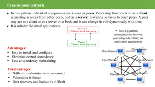 Peer-to-peer pattern
 In this pattern, individual components are known as peers. Peers may function both as a client,
requesting services from other peers, and as a server, providing services to other peers. A peer
may act as a client or as a server or as both, and it can change its role dynamically with time.
 It is suitable for small applications.
Advantages:
 Easy to install and configure
 Eliminate central dependency
 Less cost and easy maintaining
Disadvantages:
 Difficult to administrate ie no control
 Vulnerable to threat
 Data recovery and backup is difficult
Client/Server
Client/Server
Client/Server
Client/Server
Client/Server
Client/Server
 In p-2-p pattern
communication between
peers depends entirely on
application requirement
 