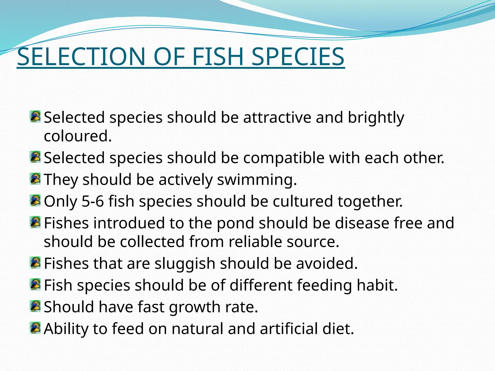 SELECTION OF FISH SPECIES
Selected species should be attractive and brightly
coloured.
Selected species should be compatible with each other.
They should be actively swimming.
Only 5-6 fish species should be cultured together.
Fishes introdued to the pond should be disease free and
should be collected from reliable source.
Fishes that are sluggish should be avoided.
Fish species should be of different feeding habit.
Should have fast growth rate.
Ability to feed on natural and artificial diet.
 