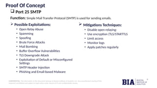 CONFIDENTIAL: The information in this document belongs to Boston Institute of Analytics LLC. Any unauthorized sharing of this
material is prohibited and subject to legal action under breach of IP and confidentiality clauses.
Proof Of Concept
 Port 25 SMTP
 Possible Exploitations:
• Open Relay Abuse
• Spamming
• Spoofing
• Brute Force Attacks
• Mail Bombing
• Buffer Overflow Vulnerabilities
• TLS Downgrade Attack
• Exploitation of Default or Misconfigured
Settings
• SMTP Header Injection
• Phishing and Email-based Malware
 Mitigations Techniques:
• Disable open relaying:
• Use encryption (TLS/STARTTLS
• Limit access
• Monitor logs
• Apply patches regularly
Function: Simple Mail Transfer Protocol (SMTP) is used for sending emails.
 
