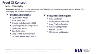 CONFIDENTIAL: The information in this document belongs to Boston Institute of Analytics LLC. Any unauthorized sharing of this
material is prohibited and subject to legal action under breach of IP and confidentiality clauses.
Proof Of Concept
Port 3306 MySQL
 Possible Exploitations:
 SQL Injection Attack
 Brute Force Attacks
 Remote Code Execution (RCE)
 Exploiting Default Configurations
 Privilege Escalation
 Data Exfiltration
 Using MySQL as a Pivot Point
 Denial of Service (DoS) Attacks
 Mitigations Techniques:
 Input Validation
 Strong Password Policies
 Least Privilege Principle
 Firewall Configuration
 Regular Updates
 Monitoring and Logging
Function: MySQL is a popular open-source relational database management system (RDBMS) for
managing database-driven websites.
 