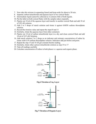 7. Now take this mixture in separating funnel and keep aside for about to 30 min.
8. Separate carbon tetrachloride and aqueous layer in two conical flasks:
9. Intermediate liquid cannot be collected as it contains little of both liquids.
10. Put the label on both conical flasks with the samples taken originally.
11. Pipette out 10 ml of the aqueous layer and transfer in another conical flask and add 10 ml
of 10% KI solution.
12. Add 2 to 3 drops of starch solution and titrate it against 0.005N sodium thiosulphate
solution
13. Record the titration value and repeat the steps10 and 11
14. Similarly, titrate the aqueous layer from other containers
15. Pipette out 10 ml of carbon tetrachloride layer in a dry and clean comical flask and add
10 ml of 10 % KI Solution.
16. Add starch solution 2 to 3 drops as an indicator and estimate concentration of iodine by
titrate with 0.1N sodium thiosulphate solution. Indicators add just before end point.
17. Repeat the step 15 and 16 till get constant burette reading.
18. Similarly, titrate other cartoon tetrachloride solution as step 15 to 17
19. Take all readings carefully
20. Calculate concentration of iodine in both phases i.e. aqueous and organic phase.
Fig.6 Titration of Aq. Layer
Fig.7 Titration of Organic Layer
 