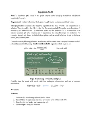 Experiment No. 02
Aim: To determine pKa value of the given sample (acetic acid) by Henderson Hesselbalch
equation (pH meter).
Requirement: beaker, volumetric flask, glass rod, pH meter, acetic acid, distilled water.
Theory: pH of the solution is the negative logarithm to the base 10 of H+
ion concentration in
solution. Therefore, pH = -log [H+] = -log CH. The solution of pH 7 is called neutral solution. A
solution of pH between 0 and 7 is considered acidic and that between 7 to 14 is considered to be
alkaline solution. pH of a solution can be determined by using Hydrogen ion indicator. For
example, Methyl red shows its full alkaline colour, yellow, at pH of about 6 and its full acid
colour, red; at about pH 4.
Determination of pH using pH meter is quite easy and accurate when compared to other method.
pH can be calculated by using Henderson Hesselbalch equation which is given as:
pH = pKa + log
(Conjugate base)
(Acid)
For weak acid
Fig.3 Relationship between Ka and pKa
Consider that the weak acid, acetic acid has undergone dissociation and not a complete
dissociation.
CH3COOH + H2O CH3COO-
+ H3
O+
Procedure
Method-1
1. Calibrate pH meter using standard buffer tablet.
2. Take 0.05ml of acetic acid and make up volume up to 100ml with DW.
3. Transfer this to a beaker and measure the pH.
4. Calculate pKa using the equation.
 