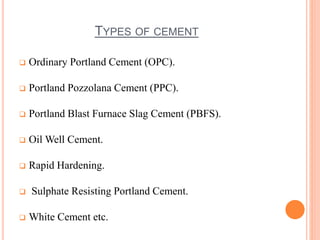 TYPES OF CEMENT 
 Ordinary Portland Cement (OPC). 
 Portland Pozzolana Cement (PPC). 
 Portland Blast Furnace Slag Cement (PBFS). 
 Oil Well Cement. 
 Rapid Hardening. 
 Sulphate Resisting Portland Cement. 
 White Cement etc. 
 