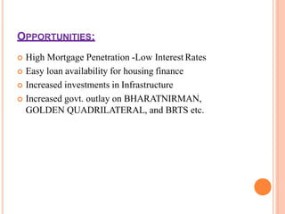 OPPORTUNITIES:
 High Mortgage Penetration -Low Interest Rates
 Easy loan availability for housing finance
 Increased investments in Infrastructure
 Increased govt. outlay on BHARATNIRMAN,
GOLDEN QUADRILATERAL, and BRTS etc.
 