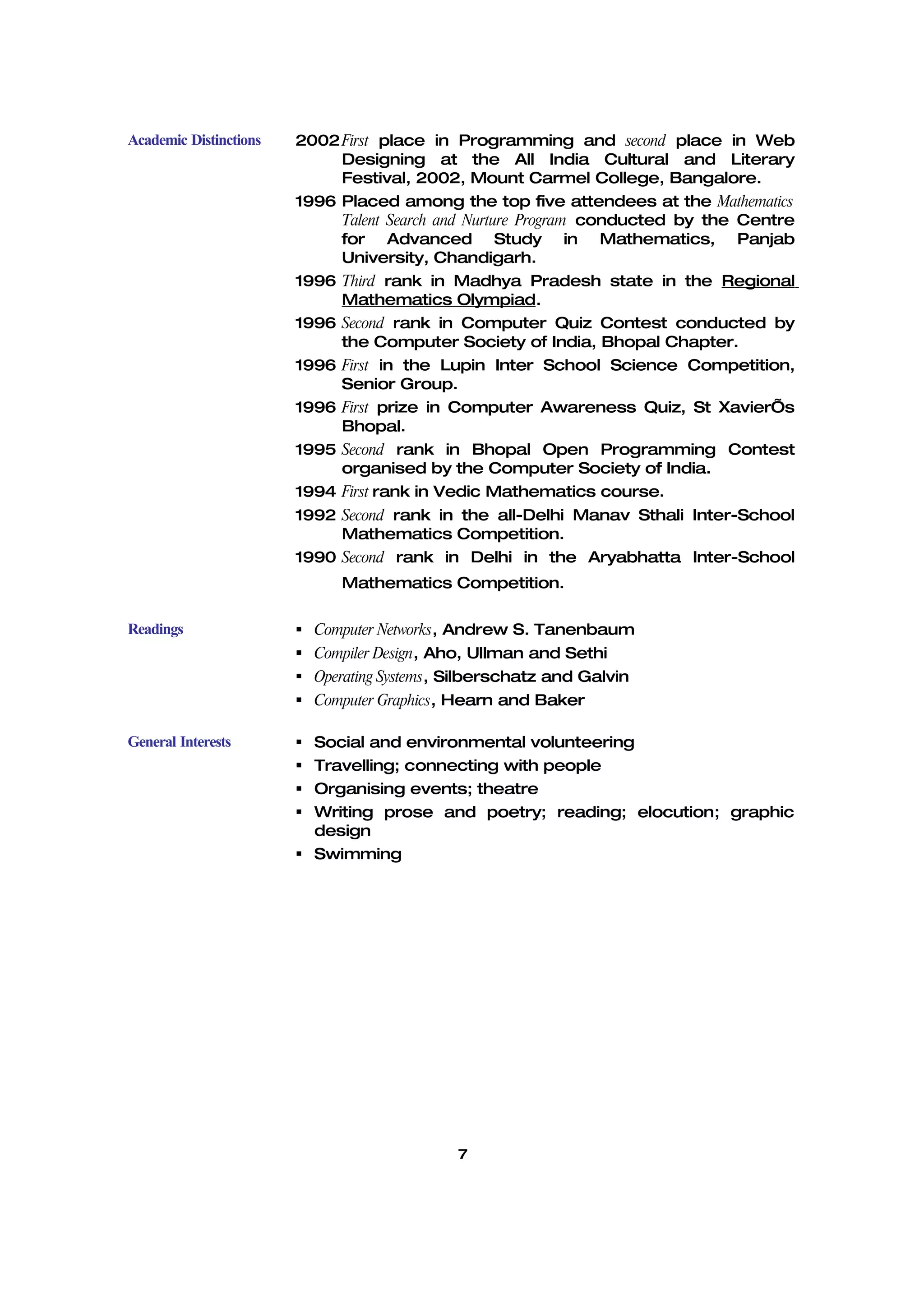 Academic Distinctions   2002 First place in Programming and second place in Web
                             Designing at the All India Cultural and Literary
                             Festival, 2002, Mount Carmel College, Bangalore.
                        1996 Placed among the top five attendees at the Mathematics
                             Talent Search and Nurture Program conducted by the Centre
                             for Advanced Study in Mathematics, Panjab
                             University, Chandigarh.
                        1996 Third rank in Madhya Pradesh state in the Regional
                             Mathematics Olympiad.
                        1996 Second rank in Computer Quiz Contest conducted by
                             the Computer Society of India, Bhopal Chapter.
                        1996 First in the Lupin Inter School Science Competition,
                             Senior Group.
                        1996 First prize in Computer Awareness Quiz, St Xavier’s
                             Bhopal.
                        1995 Second rank in Bhopal Open Programming Contest
                             organised by the Computer Society of India.
                        1994 First rank in Vedic Mathematics course.
                        1992 Second rank in the all-Delhi Manav Sthali Inter-School
                             Mathematics Competition.
                        1990 Second rank in Delhi in the Aryabhatta Inter-School
                              Mathematics Competition.

Readings                 Computer Networks, Andrew S. Tanenbaum
                         Compiler Design, Aho, Ullman and Sethi
                         Operating Systems, Silberschatz and Galvin
                         Computer Graphics, Hearn and Baker

General Interests        Social and environmental volunteering
                         Travelling; connecting with people
                         Organising events; theatre
                         Writing prose and poetry; reading; elocution; graphic
                          design
                         Swimming




                                             7
 