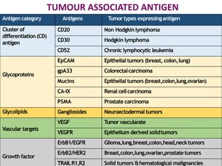 Antigen category Antigens Tumor types expressingantigen
Cluster of
differentiation (CD)
antigen
CD20 Non Hodgkinlymphoma
CD30 Hodgkin lymphoma
CD52 Chronic lymphocytic leukemia
Glycoproteins
EpCAM Epithelial tumors (breast, colon,lung)
gpA33 Colorectalcarcinoma
Mucins Epithelial tumors(breast,colon,lung,ovarian)
CA-IX Renal cellcarcinoma
PSMA Prostate carcinoma
Glycolipids Gangliosides Neuroectodermal tumors
Vascular targets
VEGF Tumorvascularate
VEGFR Epithelium derived solidtumors
Growth factor
ErbB1/EGFR Glioma,lung,breast,colon,head,necktumors
ErbB2/HER2 Breast,colon,lung,ovarian,prostatetumors
TRAILR1,R2 Solid tumors &hematological malignancies
 