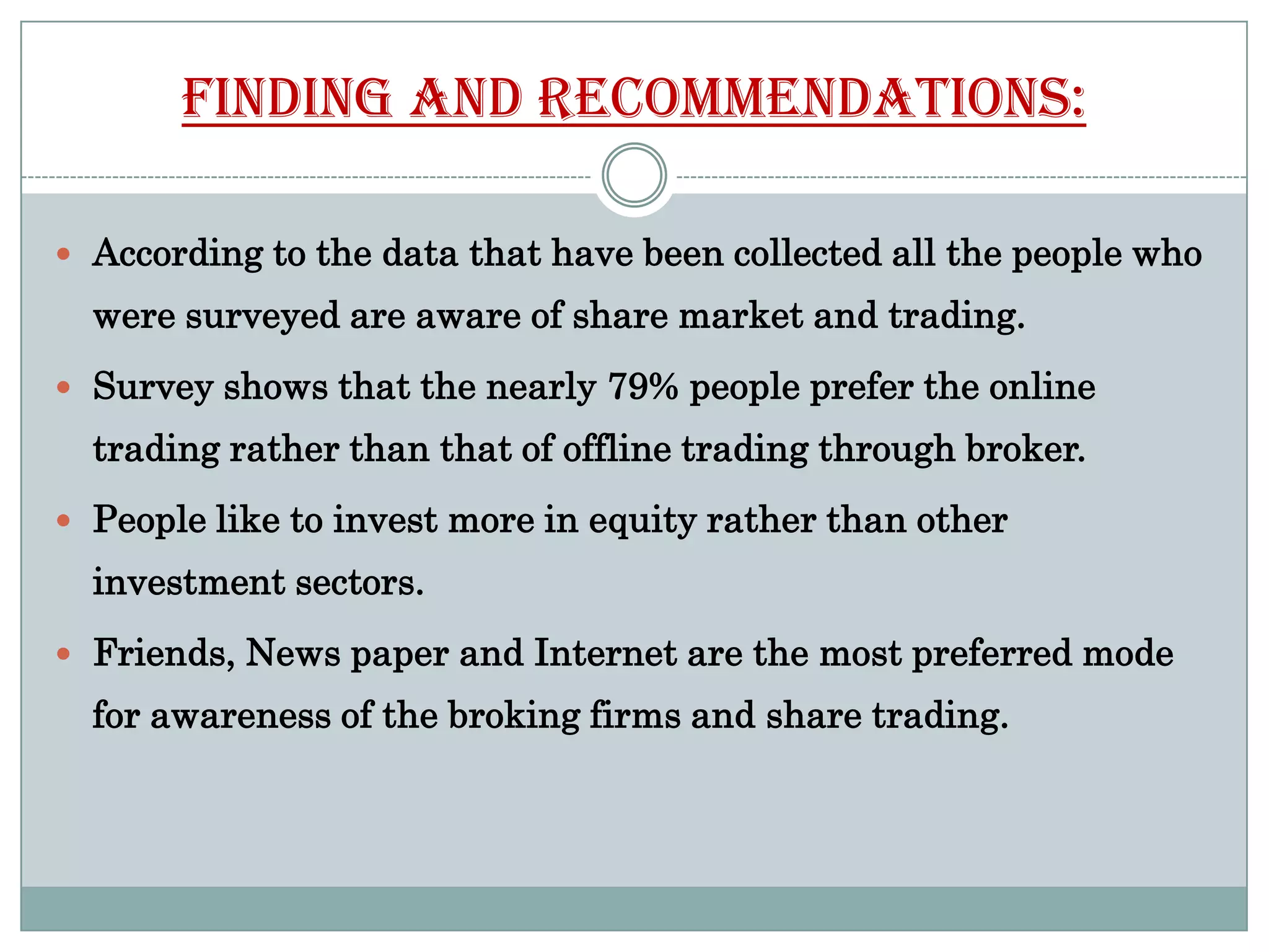 Finding and recommendations:

 According to the data that have been collected all the people who
  were surveyed are aware of share market and trading.
 Survey shows that the nearly 79% people prefer the online
  trading rather than that of offline trading through broker.
 People like to invest more in equity rather than other
  investment sectors.
 Friends, News paper and Internet are the most preferred mode
  for awareness of the broking firms and share trading.
 