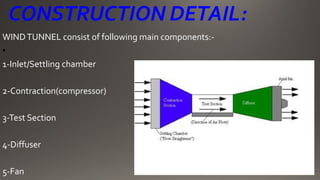 CONSTRUCTION DETAIL:
WINDTUNNEL consist of following main components:-
•
1-Inlet/Settling chamber
2-Contraction(compressor)
3-Test Section
4-Diffuser
5-Fan
 