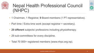 Nepal Health Professional Council
(NHPC)
• 1 Chairman, 1 Registrar, 9 Board members (1 PT representative).
• Part time / E...