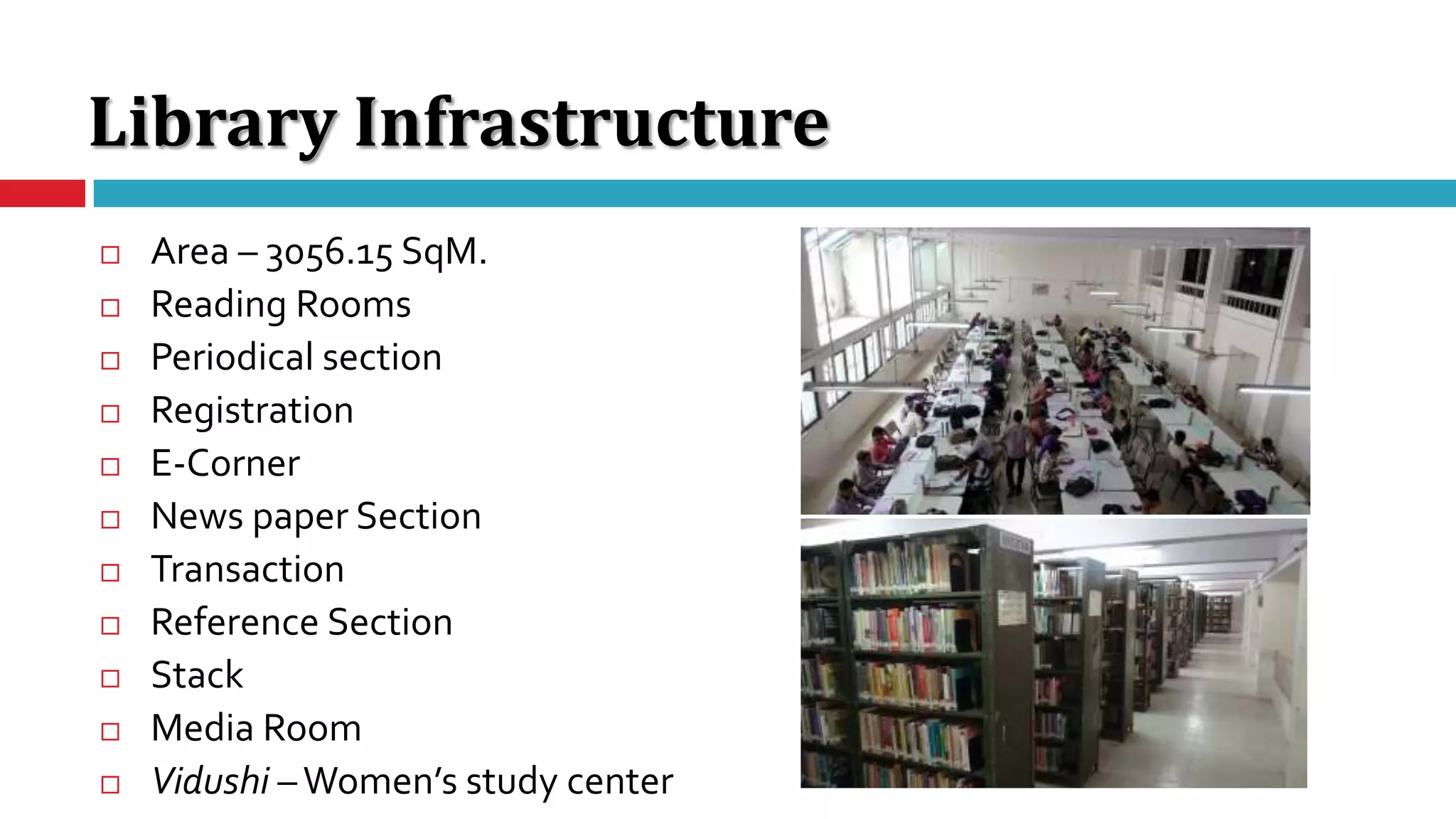 Library Infrastructure
 Area – 3056.15 SqM.
 Reading Rooms
 Periodical section
 Registration
 E-Corner
 News paper Section
 Transaction
 Reference Section
 Stack
 Media Room
 Vidushi –Women’s study center
 
