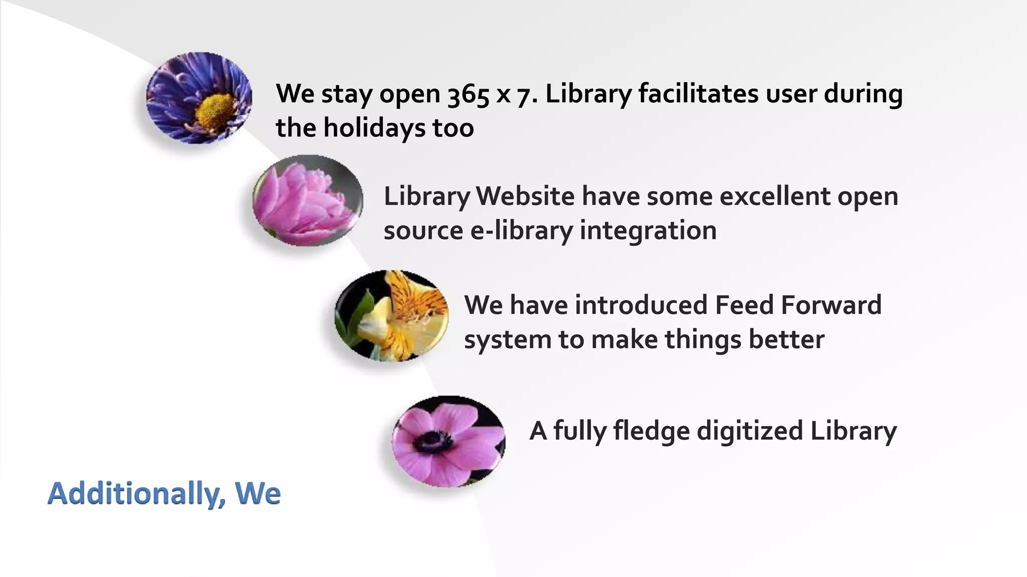 We stay open 365 x 7. Library facilitates user during
the holidays too
Library Website have some excellent open
source e-library integration
We have introduced Feed Forward
system to make things better
A fully fledge digitized Library
Additionally, We
 