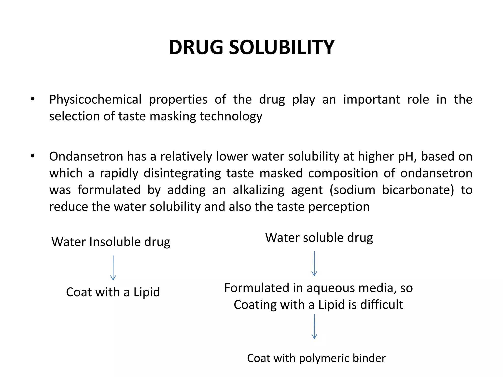 DRUG SOLUBILITY
• Physicochemical properties of the drug play an important role in the
selection of taste masking technology
• Ondansetron has a relatively lower water solubility at higher pH, based on
which a rapidly disintegrating taste masked composition of ondansetron
was formulated by adding an alkalizing agent (sodium bicarbonate) to
reduce the water solubility and also the taste perception
Water Insoluble drug

Water soluble drug

Coat with a Lipid

Formulated in aqueous media, so
Coating with a Lipid is difficult

Coat with polymeric binder

 