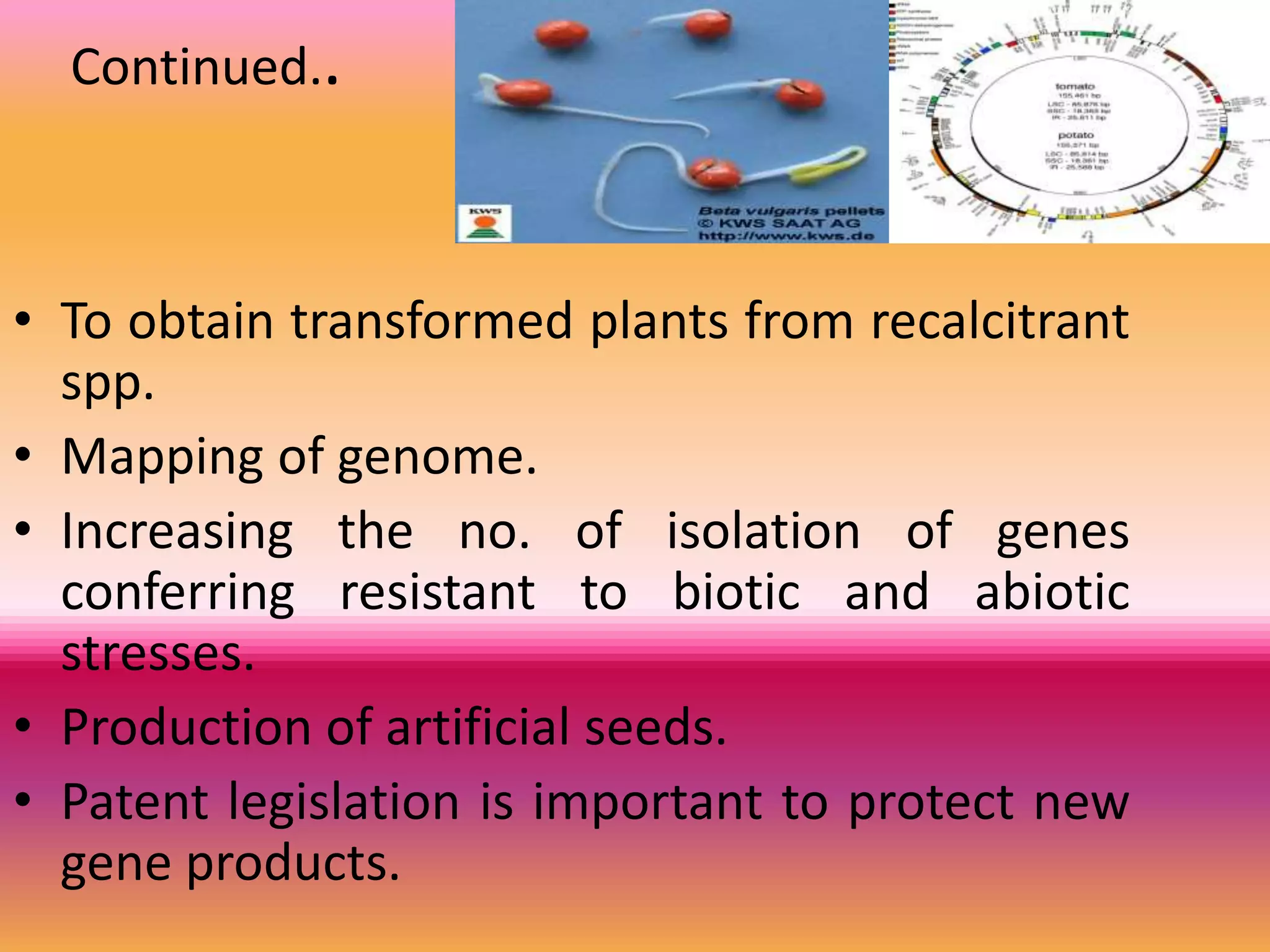 Continued..
• To obtain transformed plants from recalcitrant
spp.
• Mapping of genome.
• Increasing the no. of isolation of genes
conferring resistant to biotic and abiotic
stresses.
• Production of artificial seeds.
• Patent legislation is important to protect new
gene products.
 