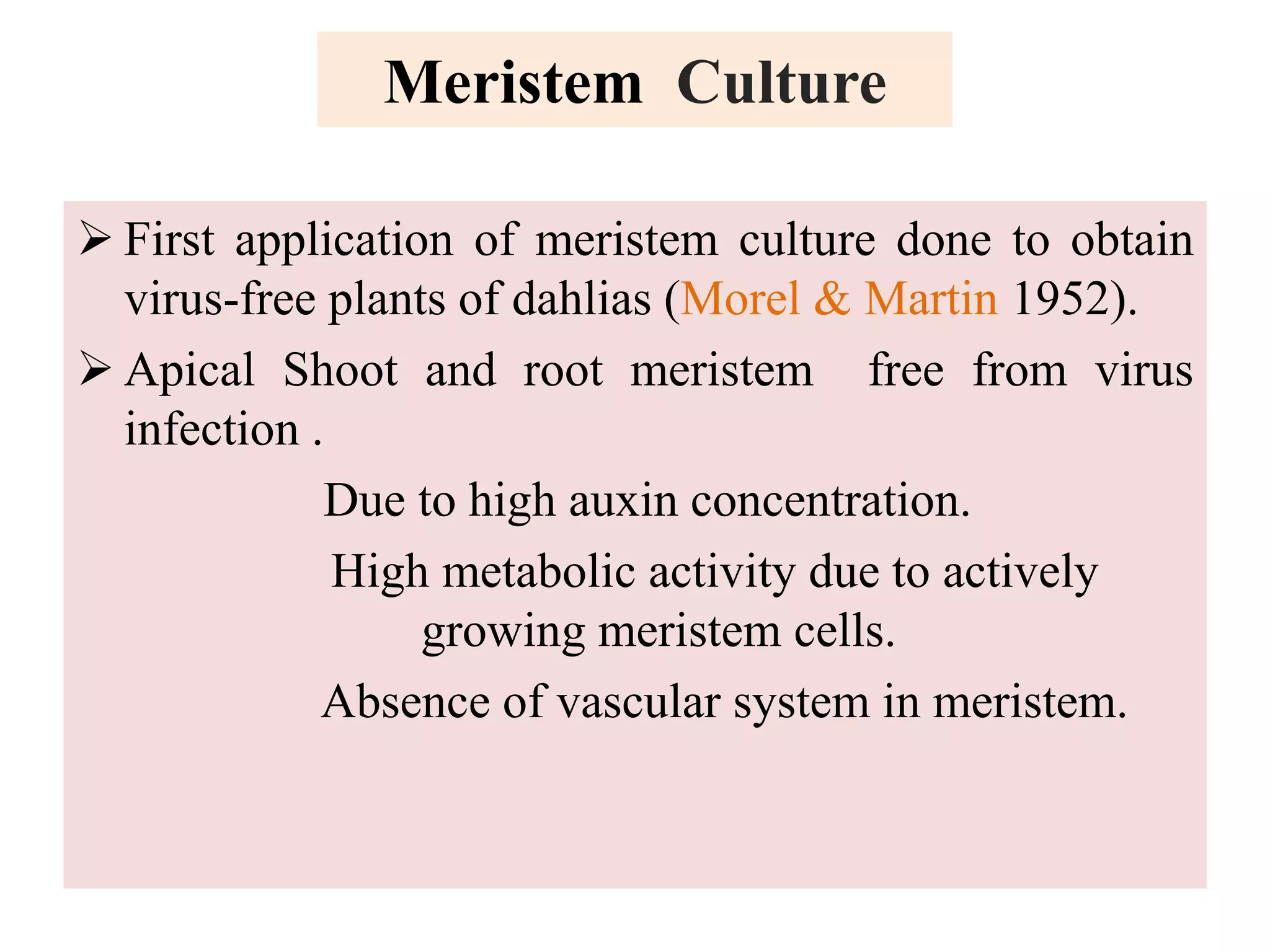 Meristem Culture
 First application of meristem culture done to obtain
virus-free plants of dahlias (Morel & Martin 1952).
 Apical Shoot and root meristem free from virus
infection .
Due to high auxin concentration.
High metabolic activity due to actively
growing meristem cells.
Absence of vascular system in meristem.
 